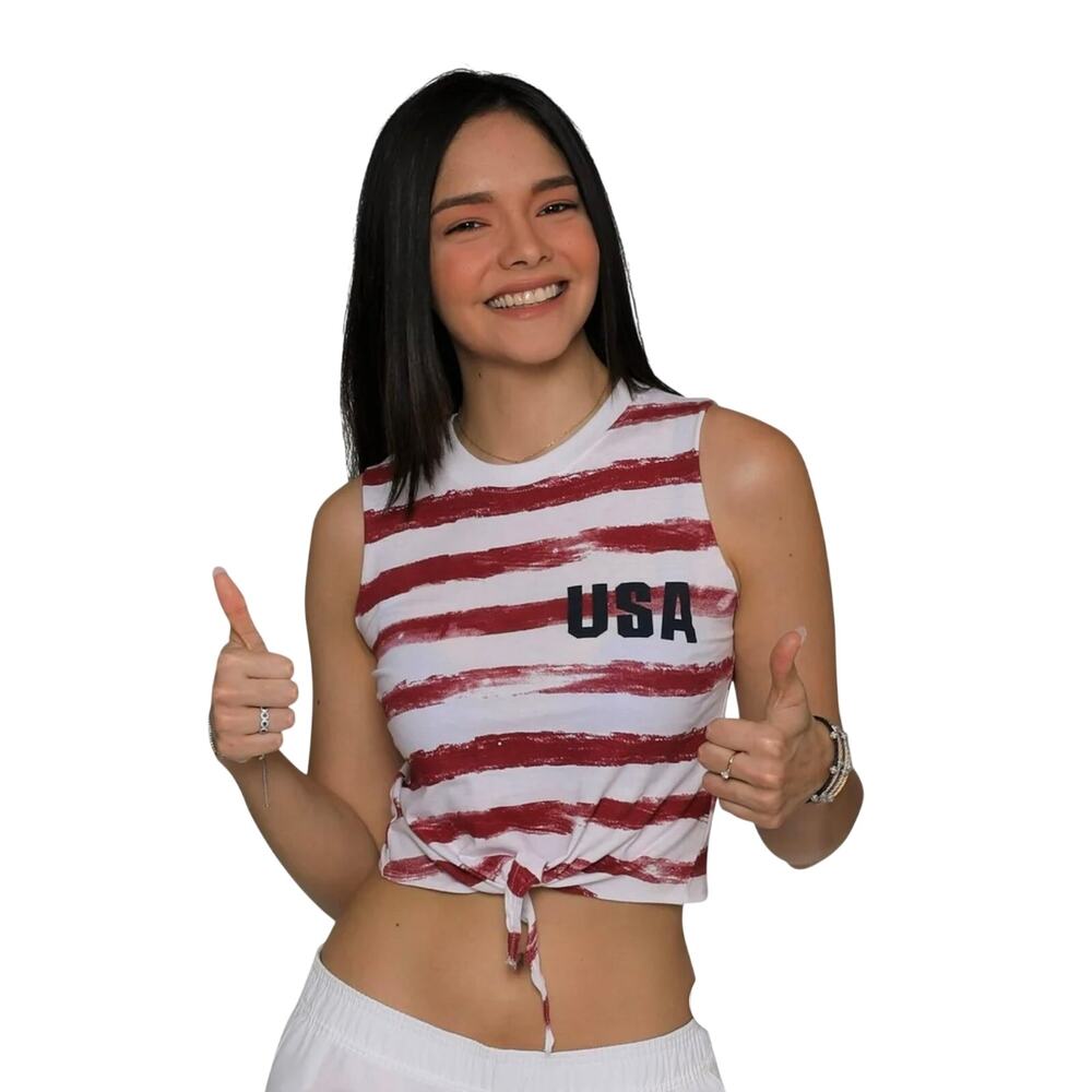 U.S. Vintage USA Striped Tie Front Tank Top XS Patriotic Americana Crop Top